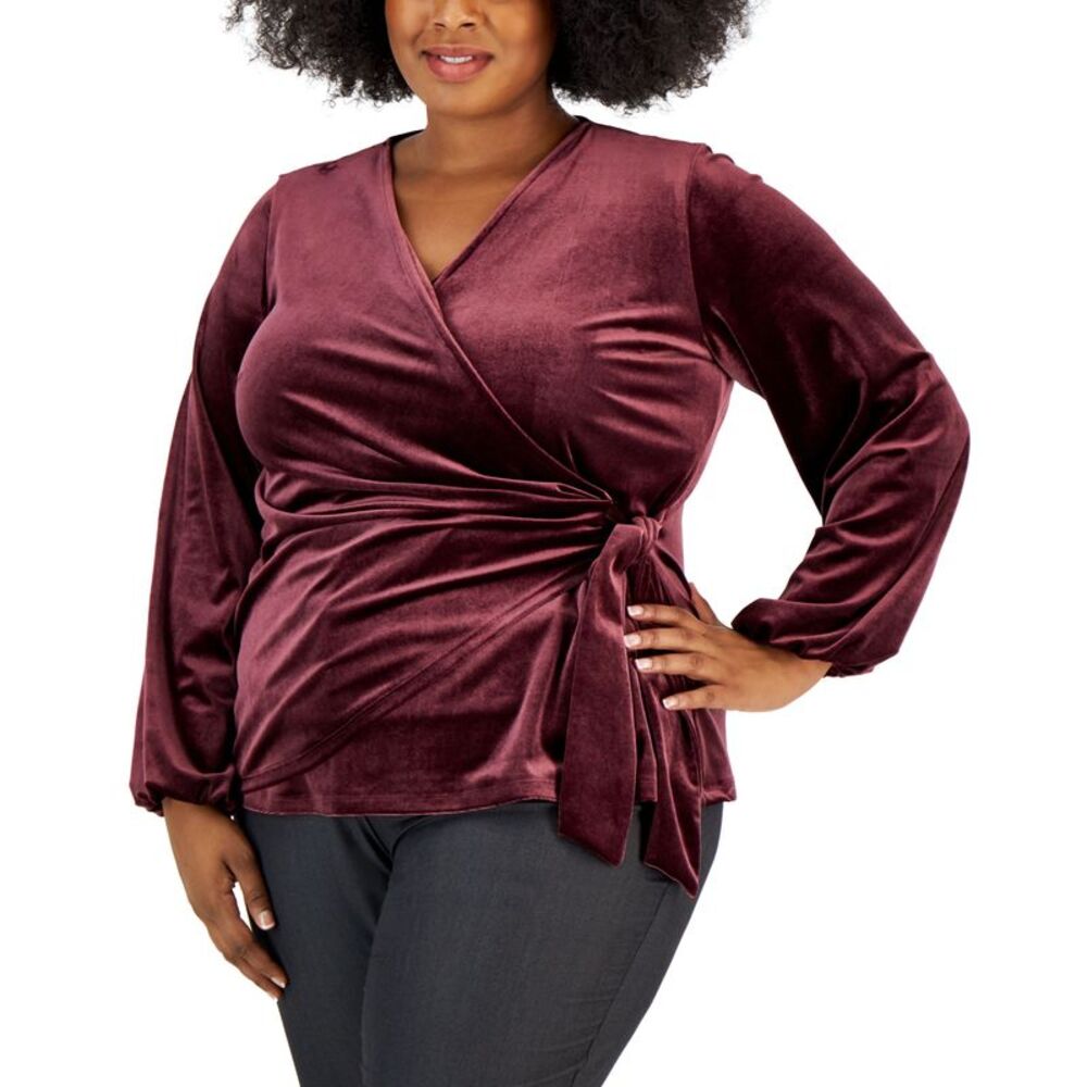 Alfani Plus Size Tie Waist Velvet Long Sleeve Wrap Top